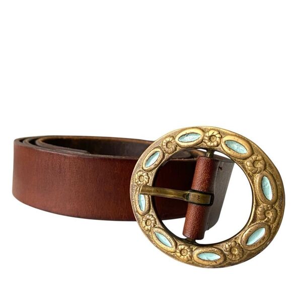 Unmarked Accessories - Vintage 90's Brown Leather Bel Round Turquoise Detailed Buckle in Size XXL
